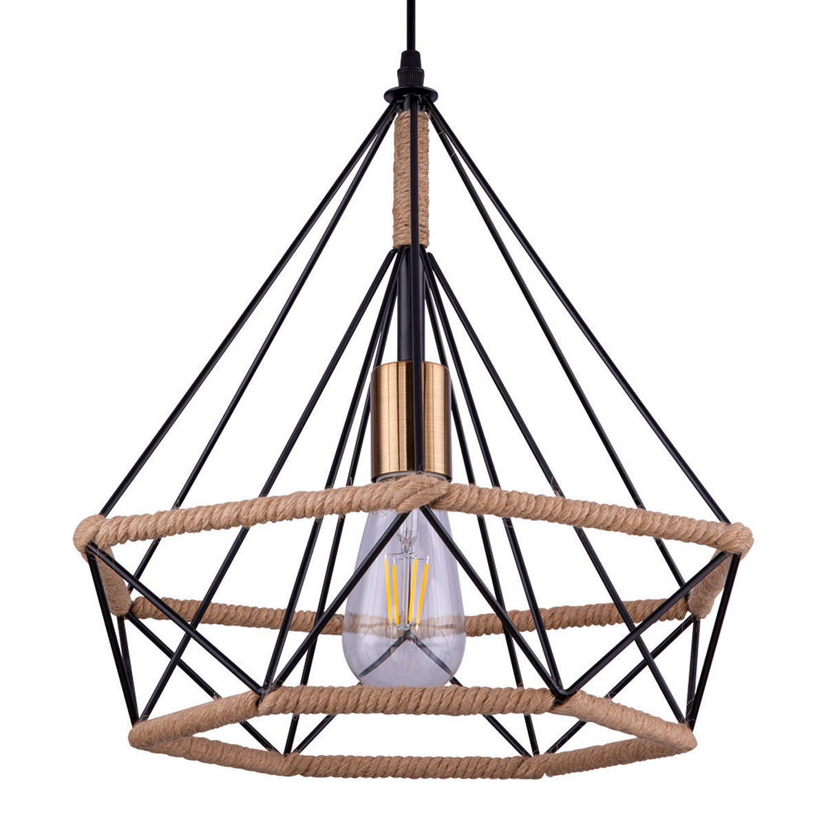 LED Hängeleuchte Hanfseil Braun - Schwarz, Metall (38/38/150cm) - Globo Lighting