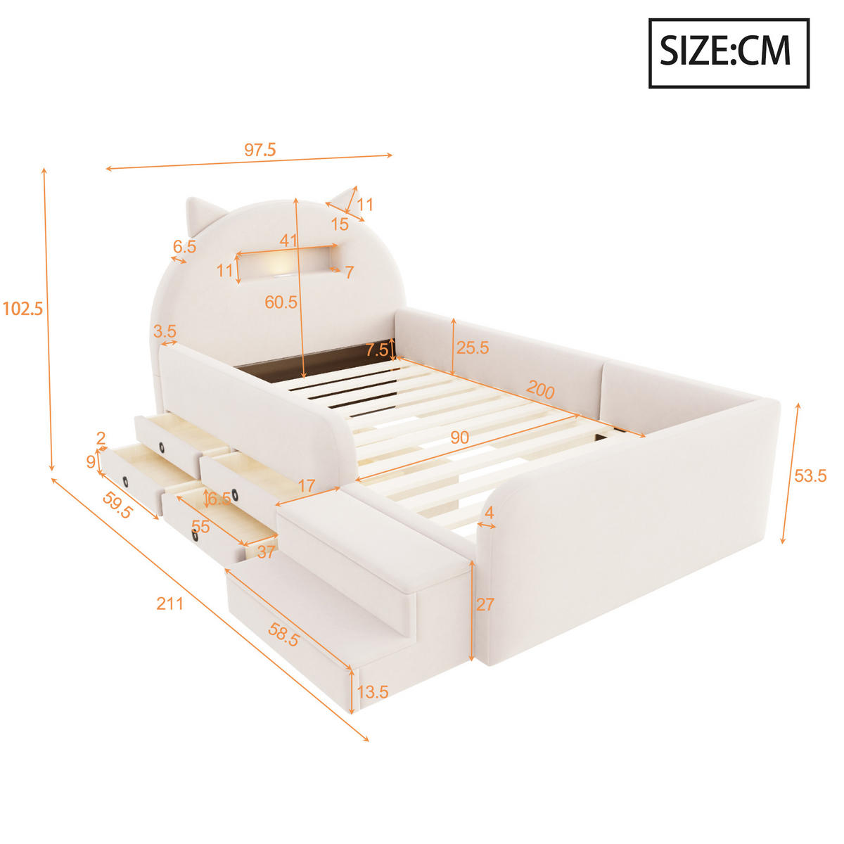 KINDERBETT 90/200 cm in Beige mit 4 Schubladen, USB und Nachtlicht Samt - Beige, Holzwerkstoff/Textil (90/200cm) - STILVORA