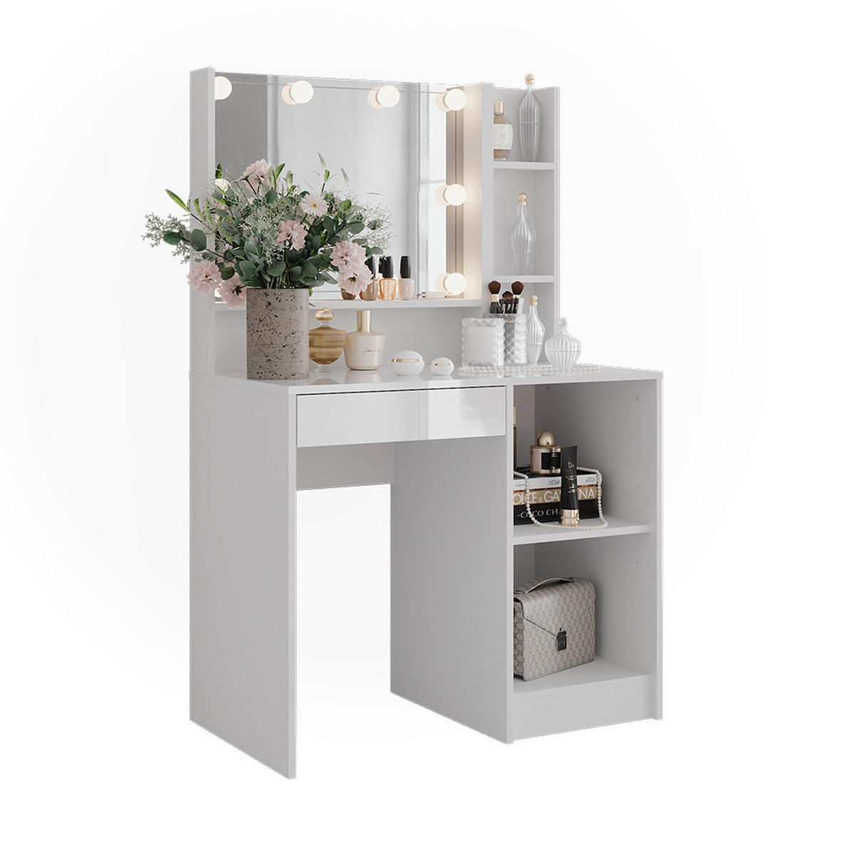 SCHMINKTISCH Sherry Weiß/Weiß Hochglanz 89.8 cm 4 Teile - Weiß Hochglanz, Holzwerkstoff (89.8/76/50.1cm) - Vicco