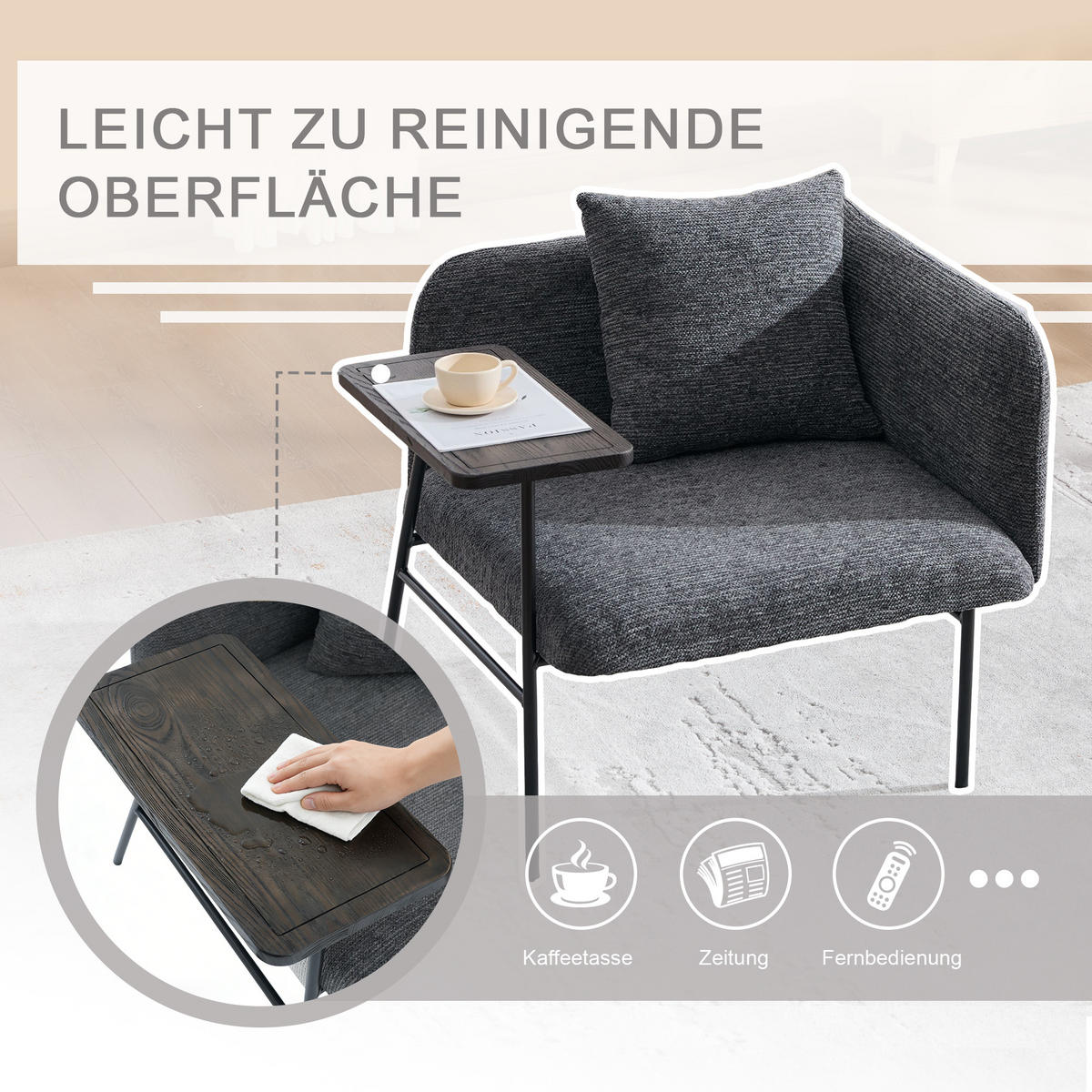 SESSEL Chenille Dunkelgrau mit Beistelltisch und Seitentaschen - Dunkelgrau, Textil/Metall (86/71/72cm) - WISHDOR