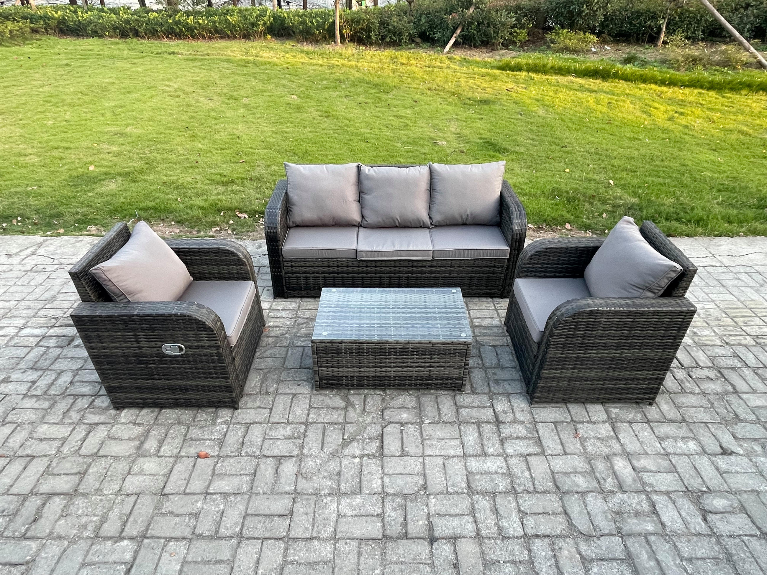 GARTENMÖBELSET mit Couchtisch Polyrattan 5-Sitzer - Dunkelgrau/Grau, Glas/Kunststoff - Fimous