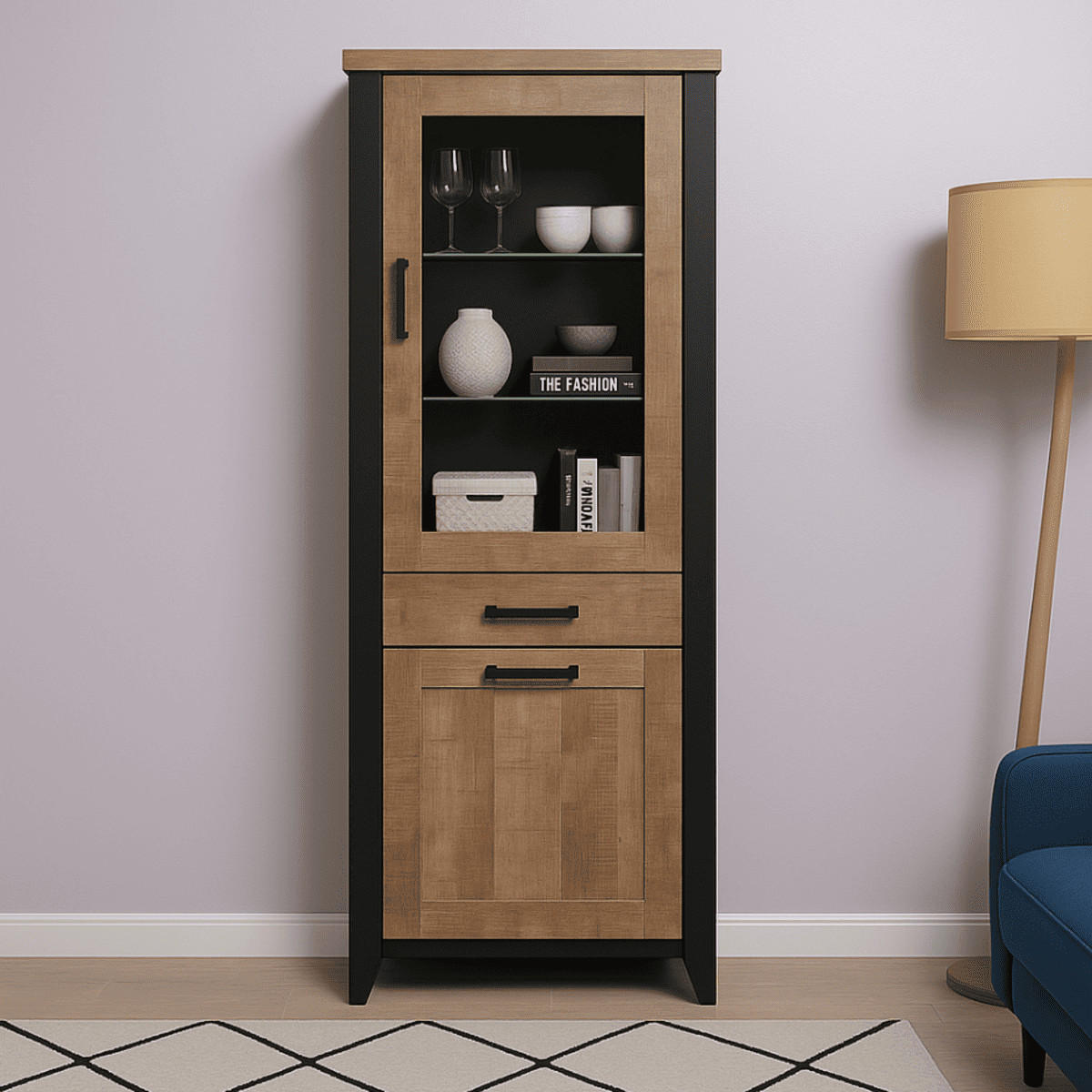 VITRINE mit 2 türen, davon 1 mit gehärtetem glas, und 1 schublade - emile 70/45/195 cm - Eichefarben, Holzwerkstoff (70/70/195cm) - ebuy24