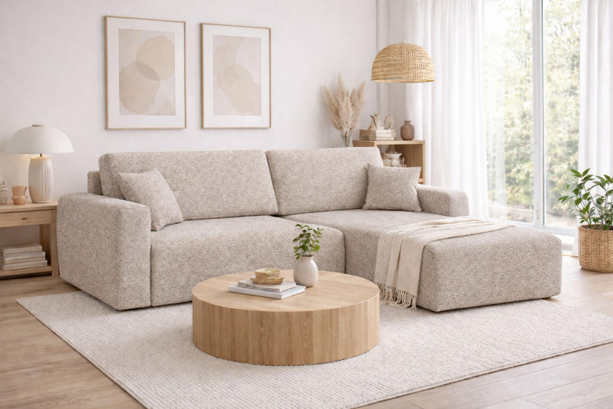 ECKSOFA Mit Schlaffunktion Ariel L, Chenille, Stoff Artico, Beige, Rechts - Beige, Holz (250/142cm) - Kaiser Möbel