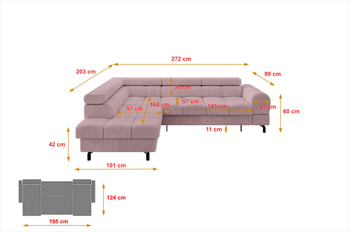 ECKSOFA mit Schlaffunktion Ottomane Links LUMA-L 272x203x70 Rosa Cord - Schwarz/Rosa, Holzwerkstoff/Kunststoff (272/203cm) - ALTDECOR