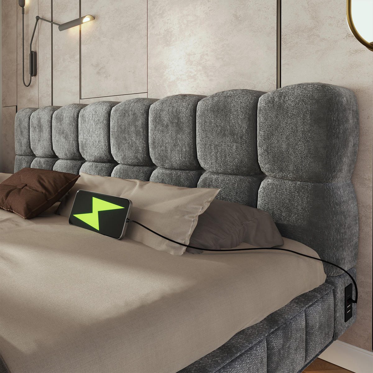 POLSTERBETT 180/200 mit Bettkasten, LED und USB in Grau - Grau, Holzwerkstoff/Textil (180/200cm) - EVRYAE