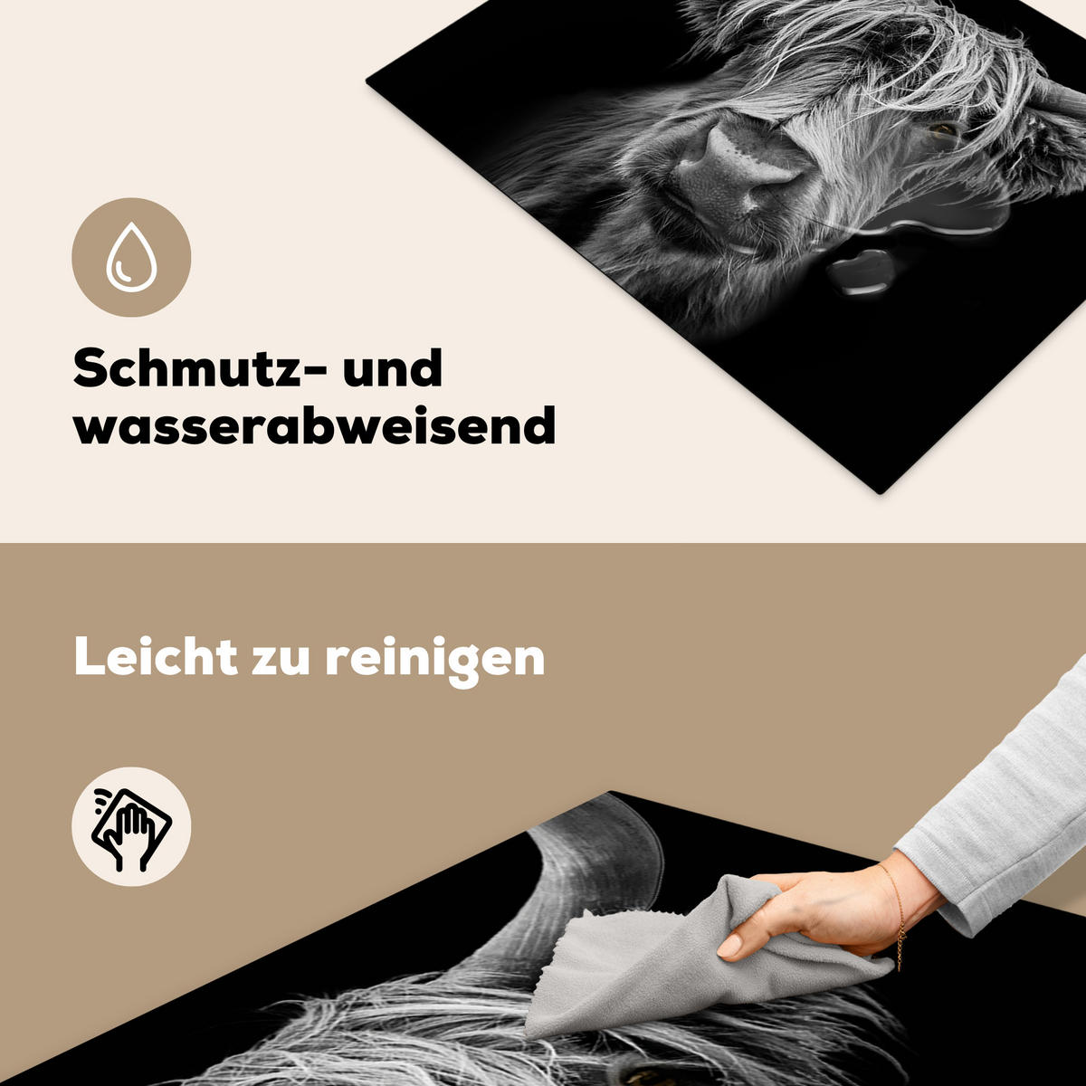 HERDABDECKPLATTE Schottischer Highlander - Hörner - Schwarz - Weiß - Kuh - Wild - Tiere Induktionsmatte 71x52 cm - Schwarz, Kunststoff (71/52/0.2cm) - MuchoWow