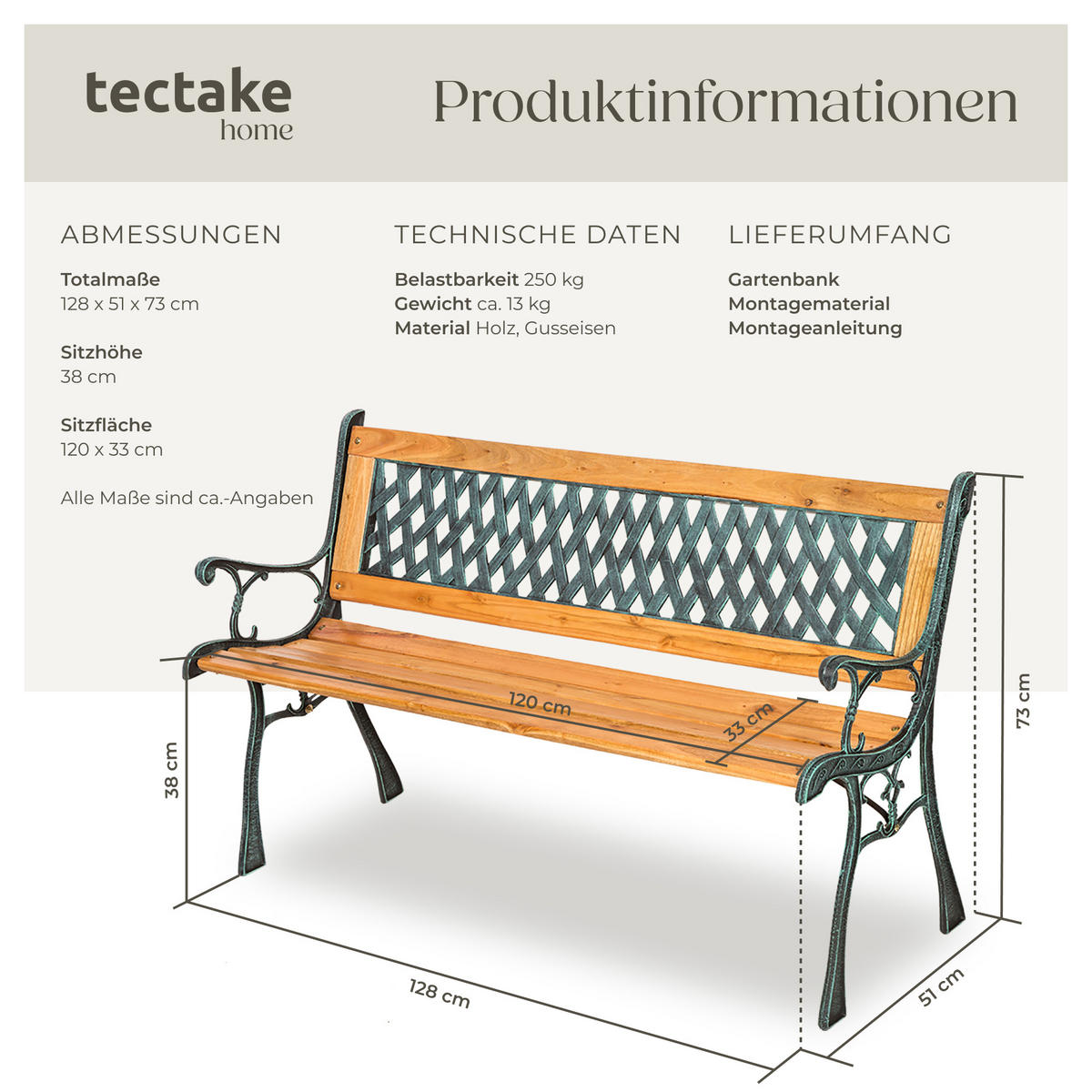 GARTENBANK Tamara,128 x 51 x 73 cm,braun - Braun, Holz (51/73/128cm) - tectake