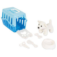SPIELZEUG Haustier-Spielset 03358 blau 6-teilig, Plüschhund, Tragekäfig, Futternapf, Kamm, Schere, Knochen - Blau, Textil (15/15/23cm) - Pilsan