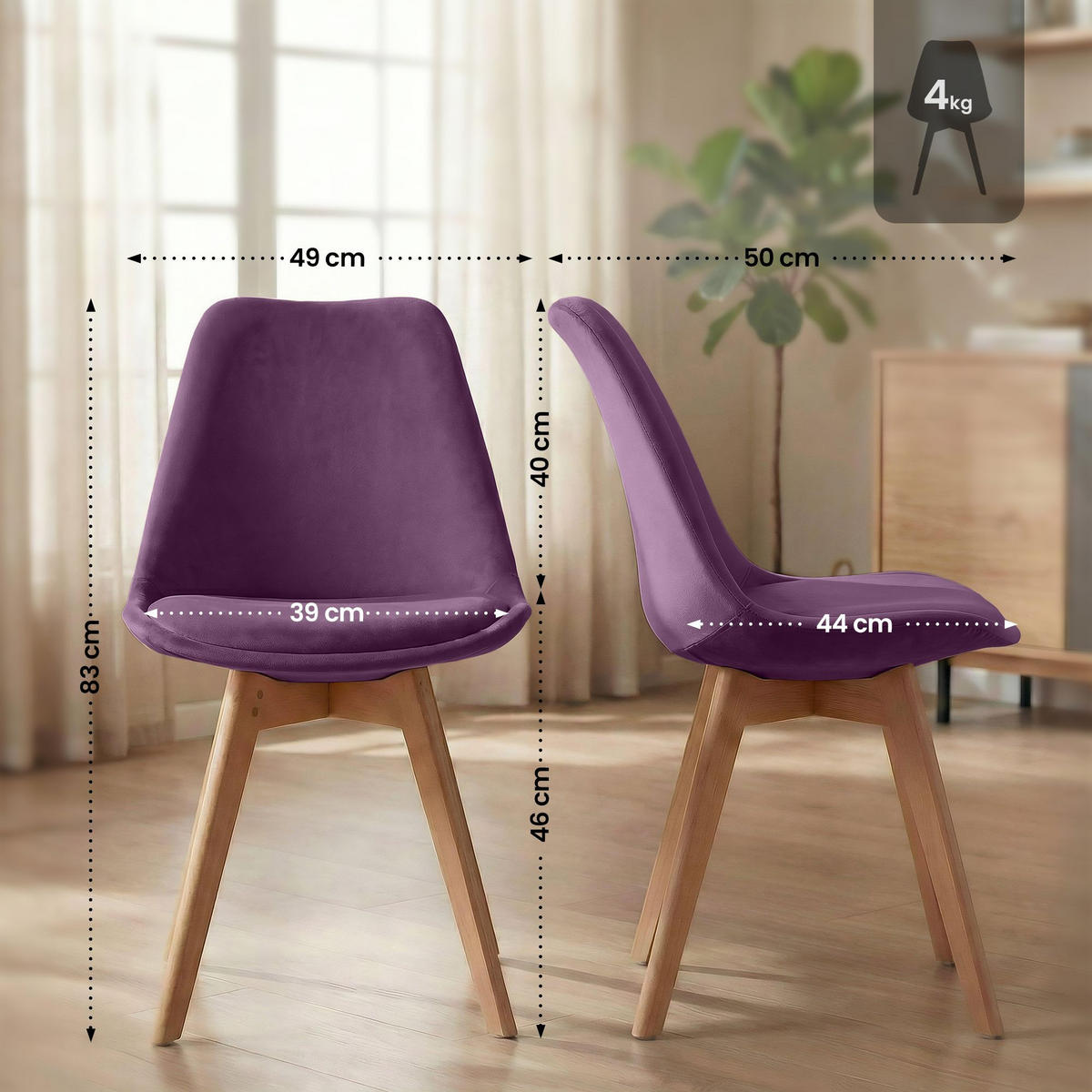 STUHL 4 Samt Lila - Eukalyptusholzfarben/Lila, Holz/Textil (49/83/50cm) - CLP