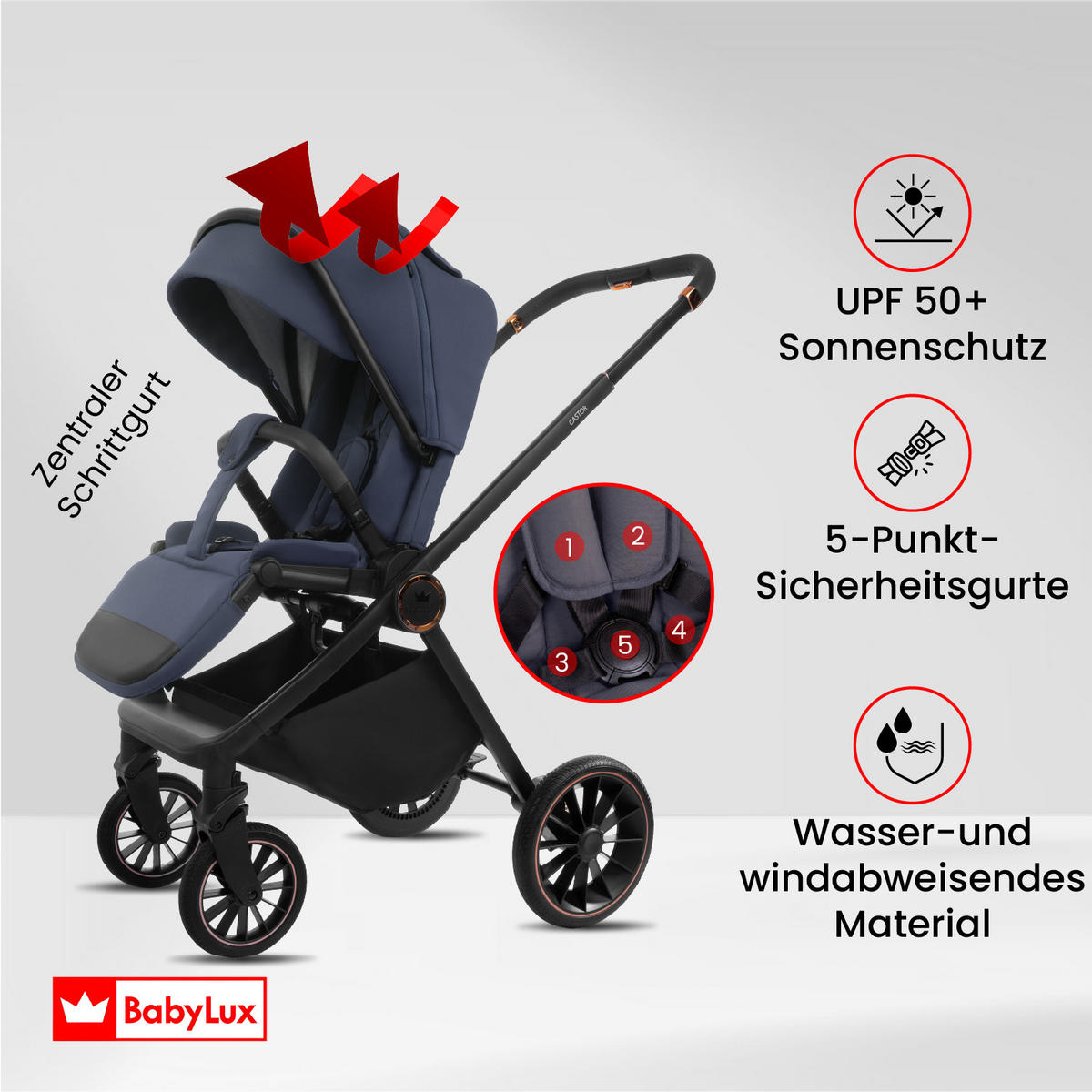KINDERWAGEN Castor 4in1 Grau Babywanne, Reisebuggy, Autositz, Isofix Basis - Schwarz/Grau, Textil/Metall (58/98cm) - BabyLux