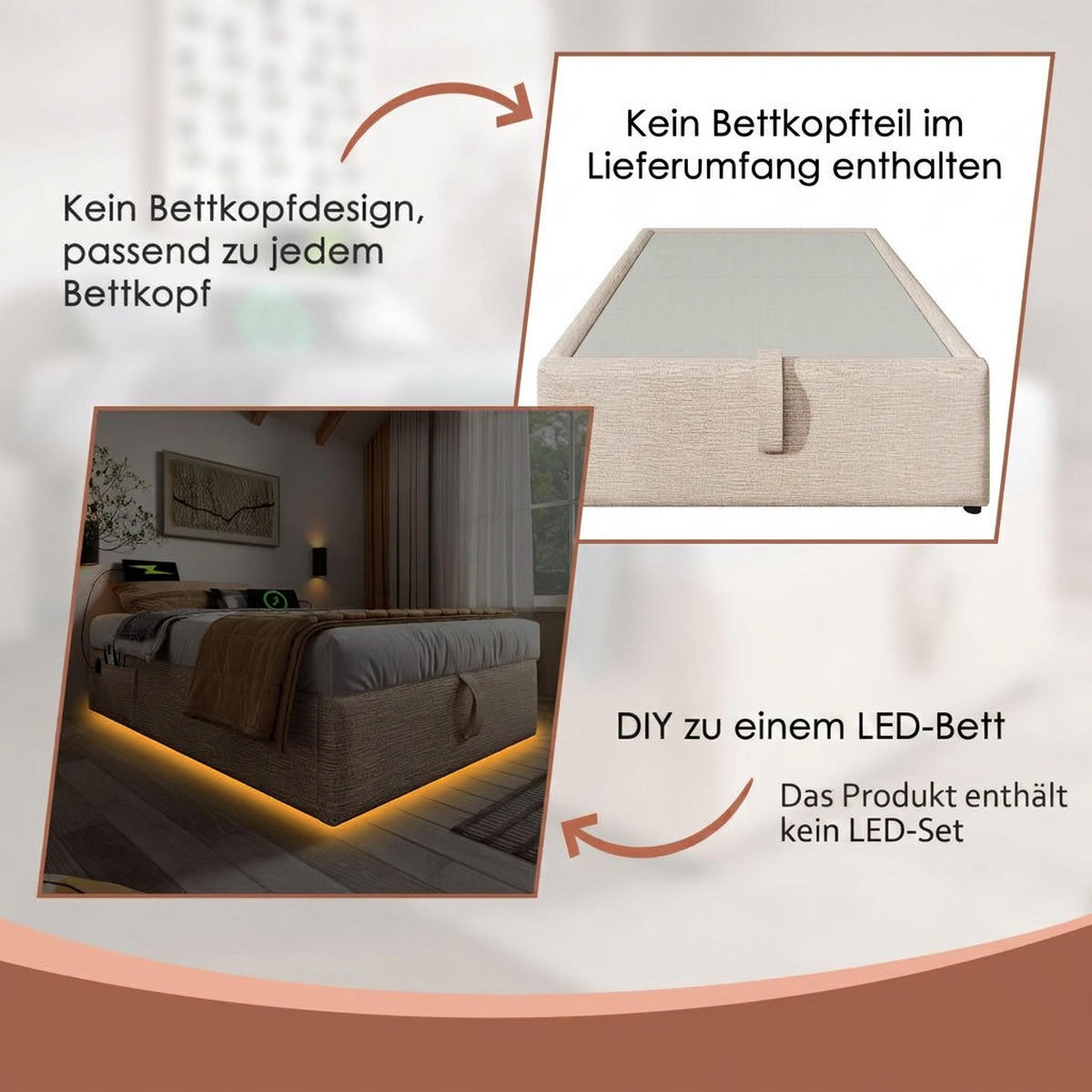 POLSTERBETT 140/200 cm Natürlich mit USB- C, Ohne Kopfteil - Naturfarben, Textil (140/200cm) - Oxeza