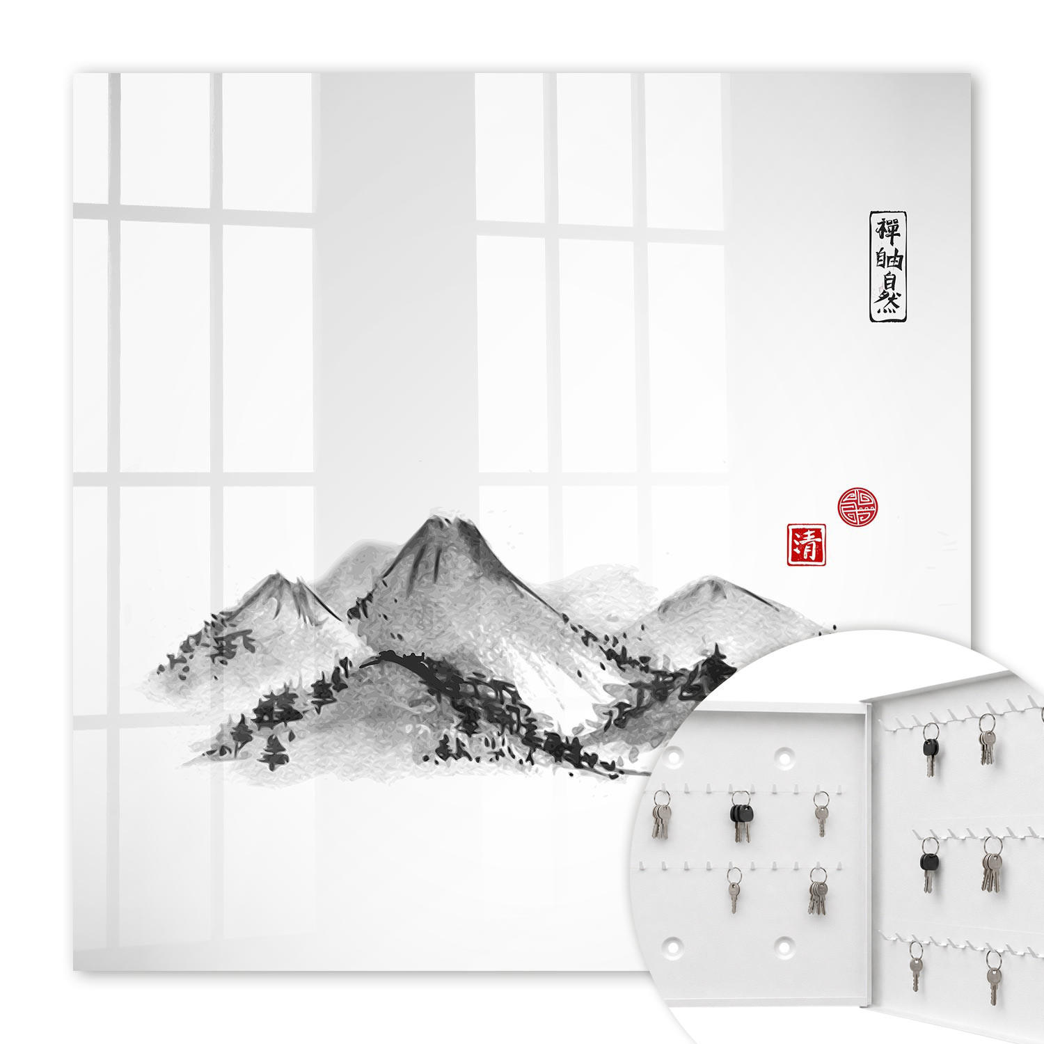SCHLÜSSELBOX Weiß 30x30 cm – Türöffnung nach rechts - Japanische Berge - Weiß, Metall (30/30/5cm) - TULUP