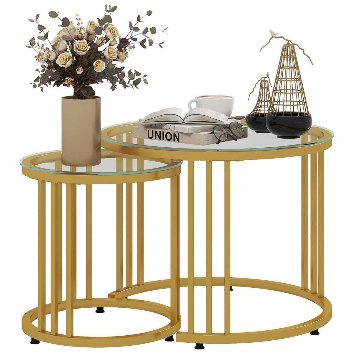 COUCHTISCH 2er-Set, Stapelbar Beistelltisch mit Stahlgestell, Kaffeetisch, Gold - Goldfarben, Metall (60/60/47cm) - HOMCOM