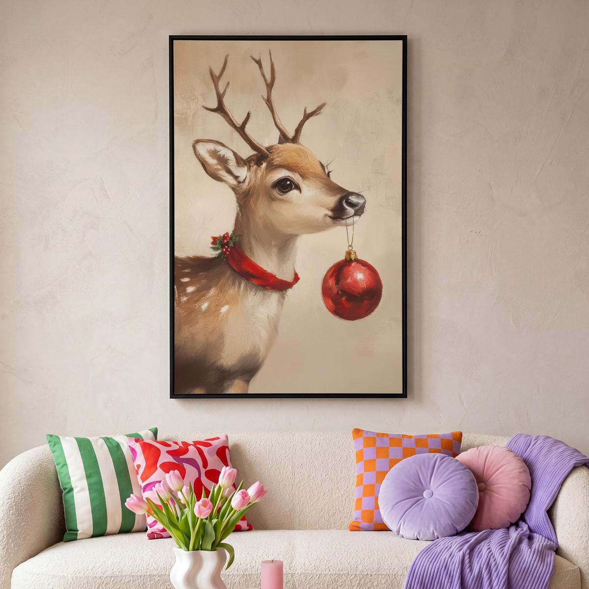 LEINWAND Bilder mit Rahmen - Weihnachten - Hirsch - Geweih - Weihnachtskugel - Rentier - 80x120 - Hellbraun, Textil (80/120cm) - MuchoWow