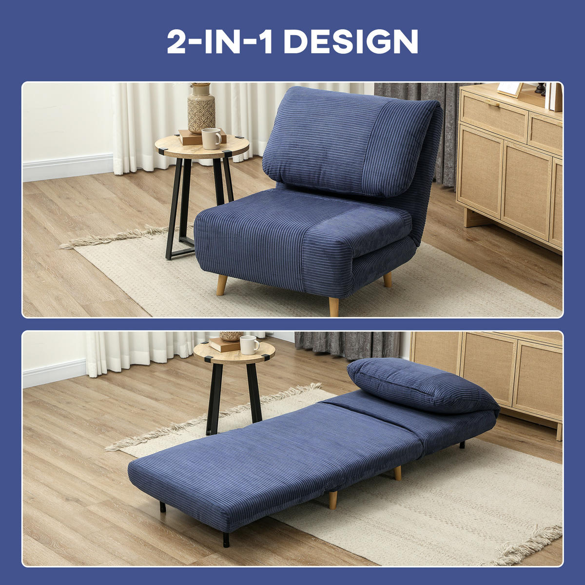 2-IN-1 Schlafsofa Schlafsessel Klappmatratze Gästebett Klappbett Blau - Blau/Naturfarben, Holz/Textil (89/83/82cm) - HOMCOM
