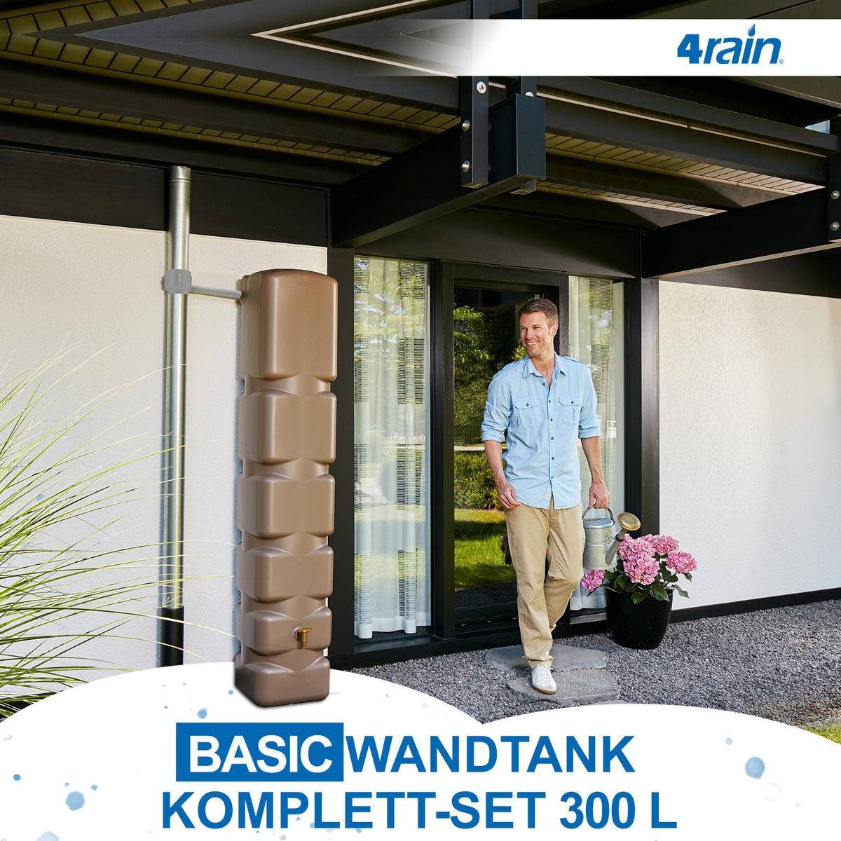 WANDTANK Komplett-Set 300 L, taupe inkl. Kunststoff-Auslaufhahn und Fallrohranschluss - Beige, Kunststoff (42/210/40cm) - 4rain