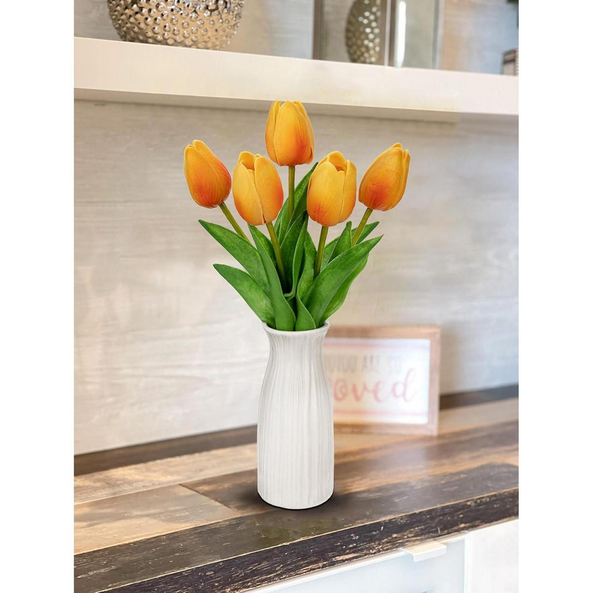 KUNSTBLUMEN Tulpenbund mit Vase 30 cm Orange - Orange, Keramik (10cm)