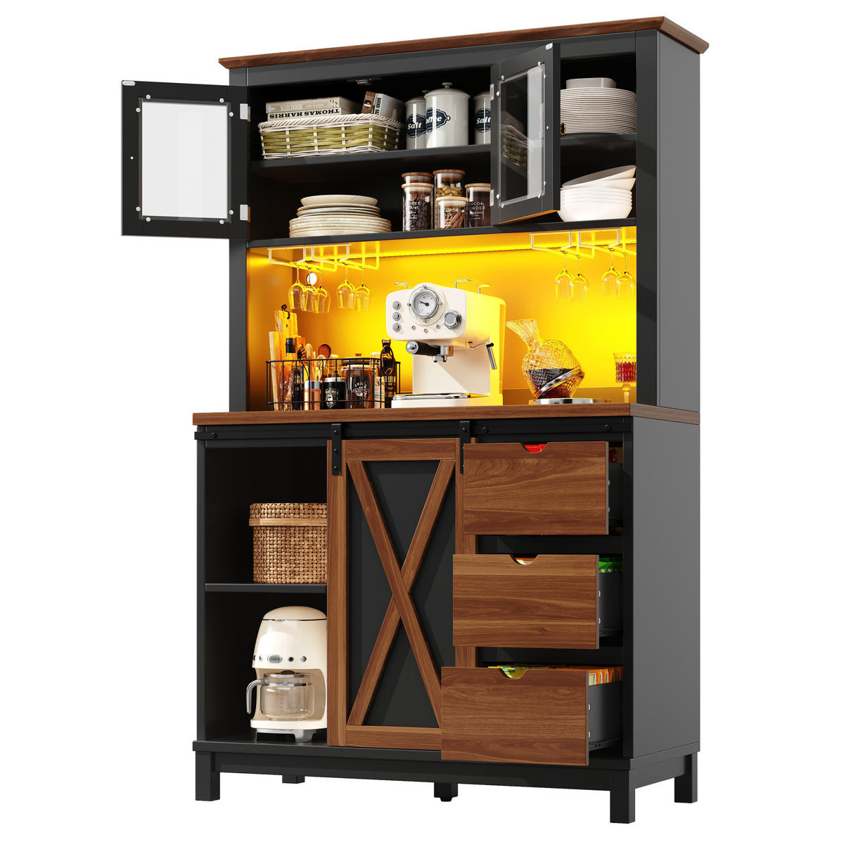 HOCHSCHRANK mit LED und Schiebetür 104 x 40 x 180 cm Schwarz Glas MDF Metall - Schwarz, Glas (40/180/104cm) - Meubliv