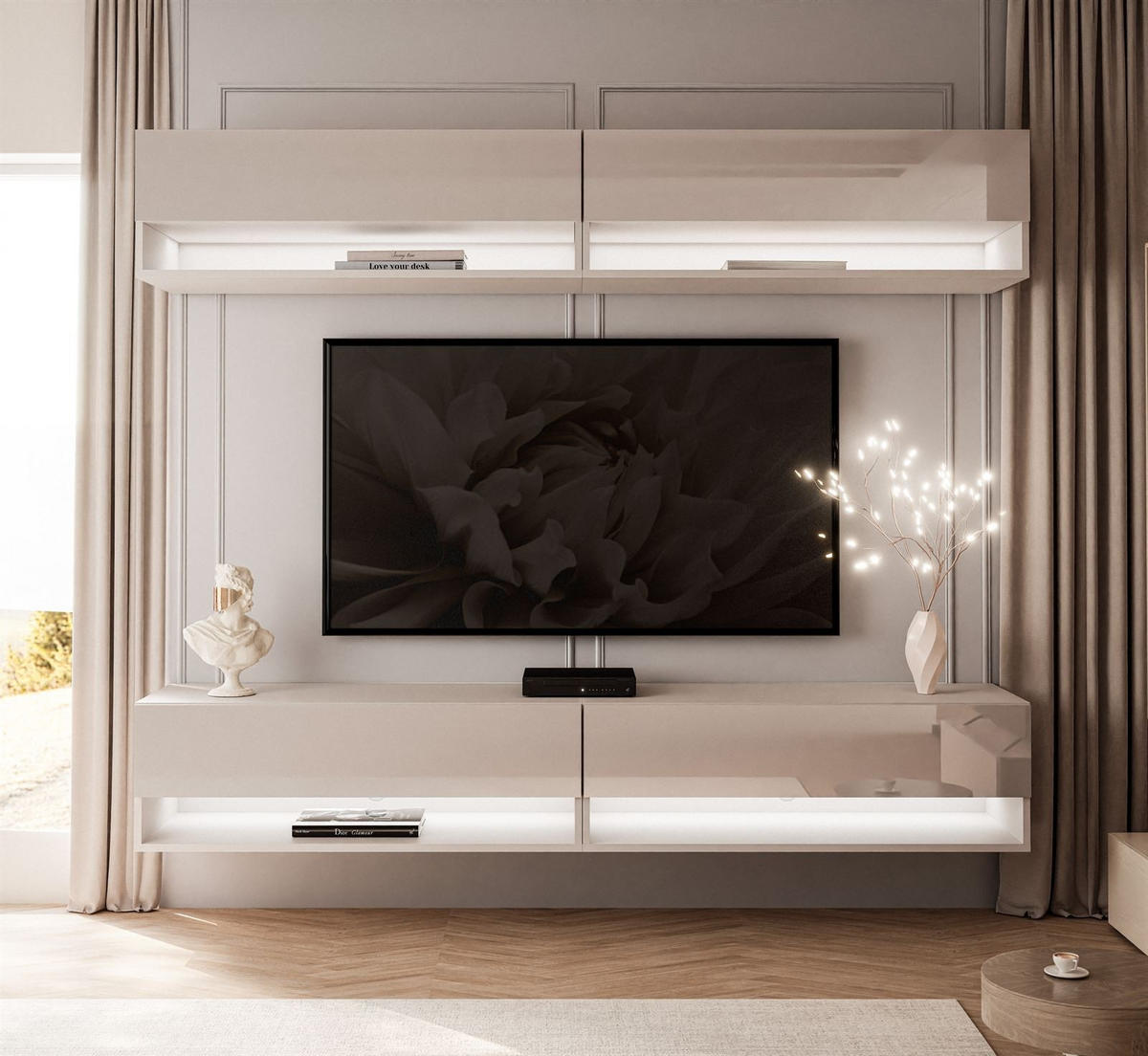 WOHNWAND Calante mit LED-Beleuchtung - Beige, Holzwerkstoff (180/30/35cm) - Lookway