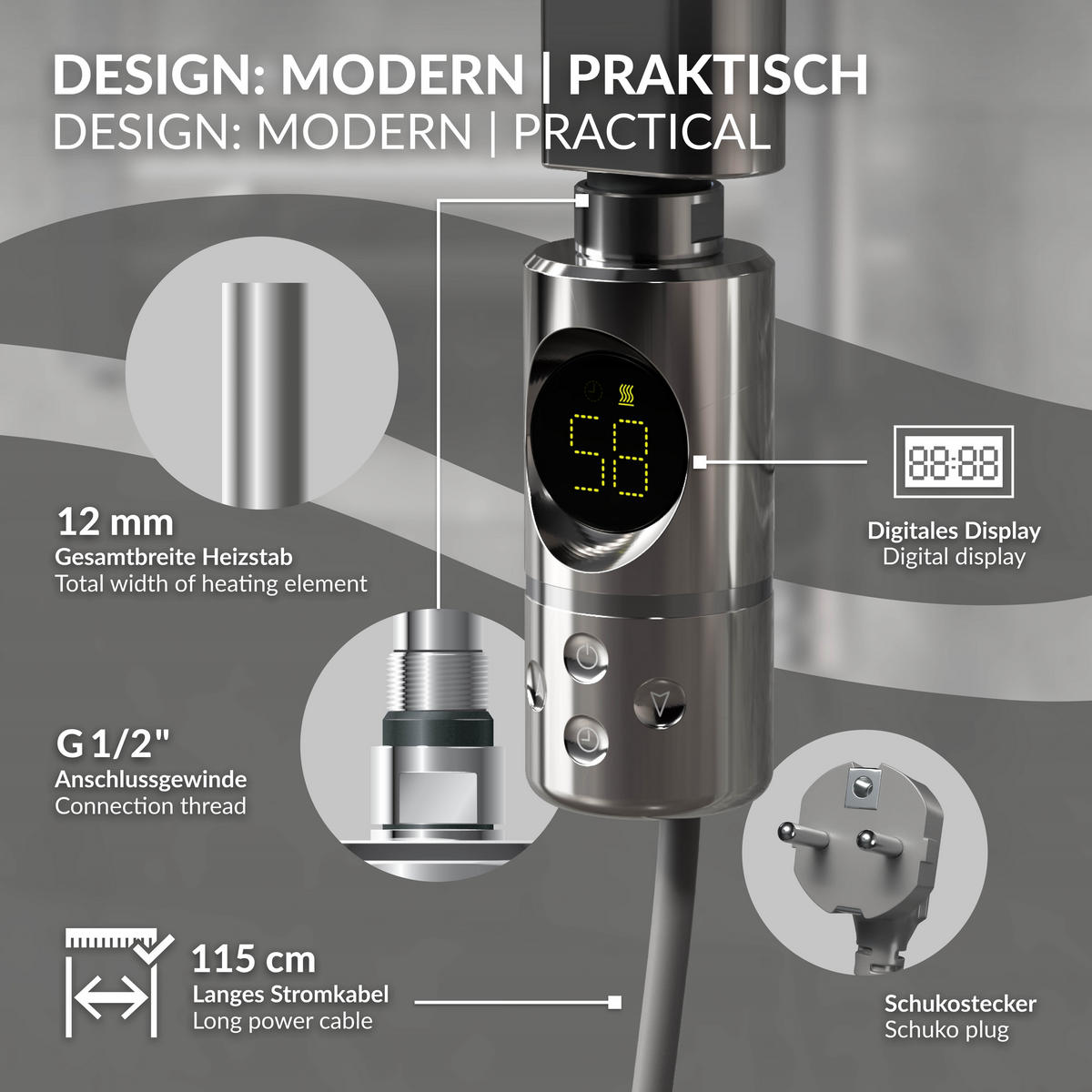 BADHEIZKÖRPER elektrisch Sahara 600x1800 mm Chrome gerade mit Heizstab 1200W Digital - Chromfarben, Metall (60/180/3cm) - LuxeBath