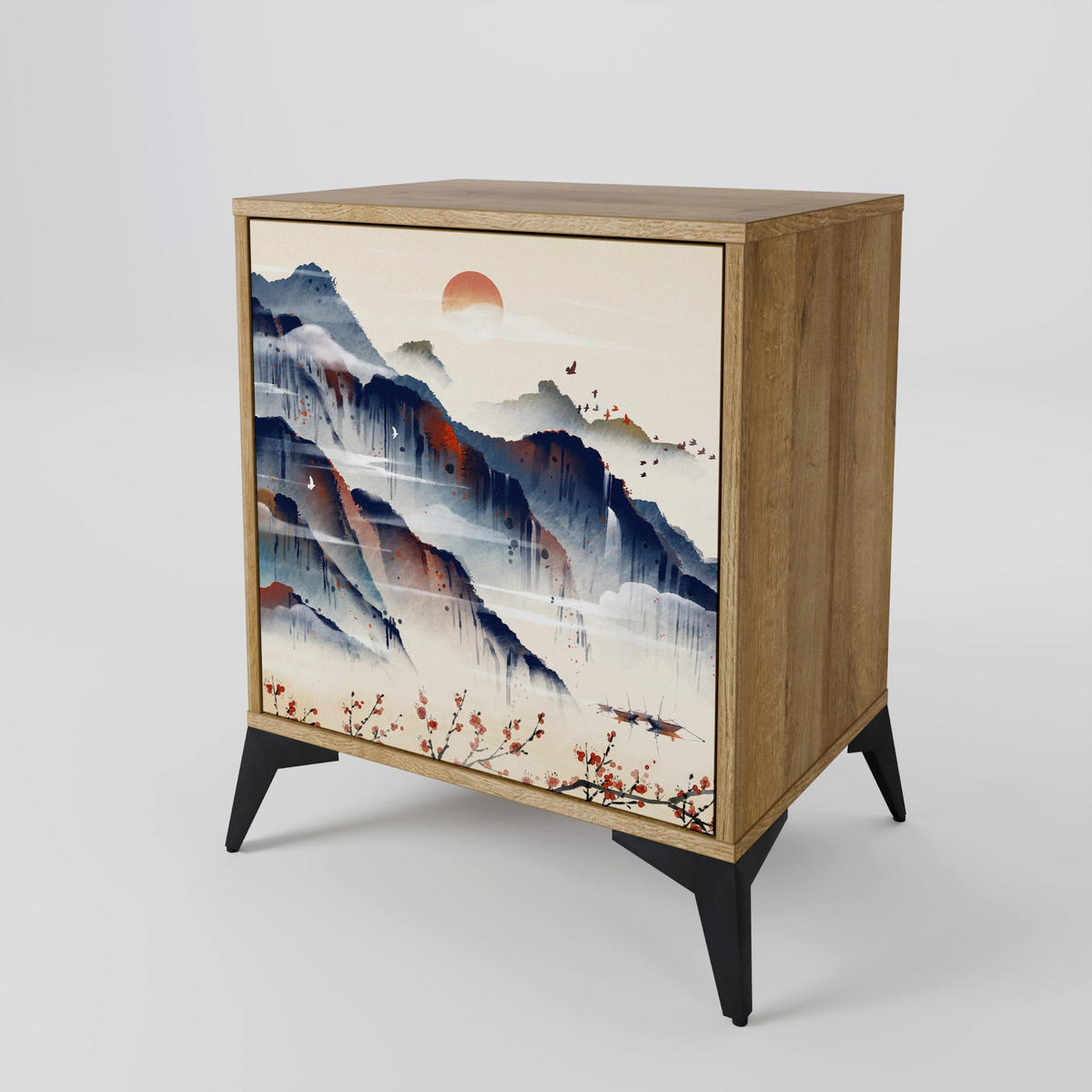 SIDEBOARD JAPANESE LANDSCAPE, Eichefarben, 57,5x42x72,5 cm, Schwarze Metallfüße - Eichefarben/Multicolor, Holzwerkstoff/Metall (57.5/72.5/42cm) - SpaceRebels
