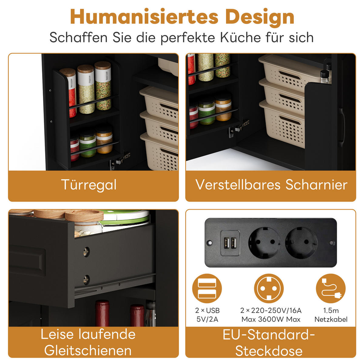 KÜCHENINSEL 120x77x93cm Schwarz MDF/Laminat mit Steckdose & Schubladen - Schwarz, Holzwerkstoff (120/93/77cm) - Modfu