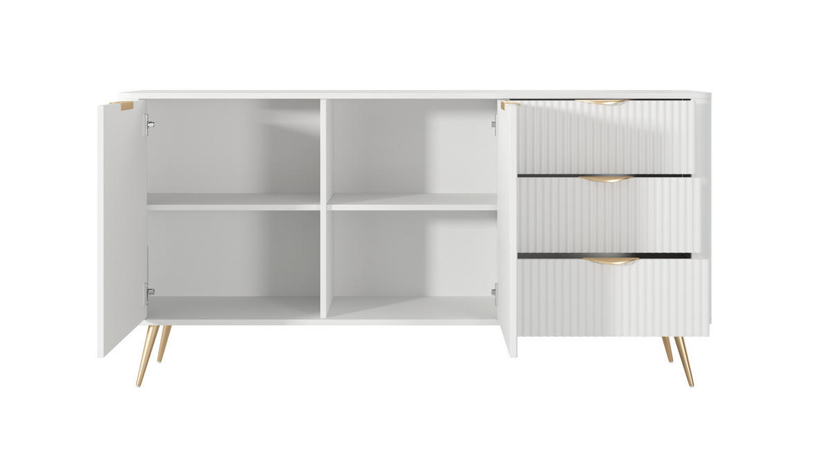 SIDEBOARD Flore 163 cm Weiß / Gold - mit 3 Schubladen und 2 Türen - Riffel-Optik - Gelb/Goldfarben, Holz/Holzwerkstoff (163/81/38cm) - Ravio