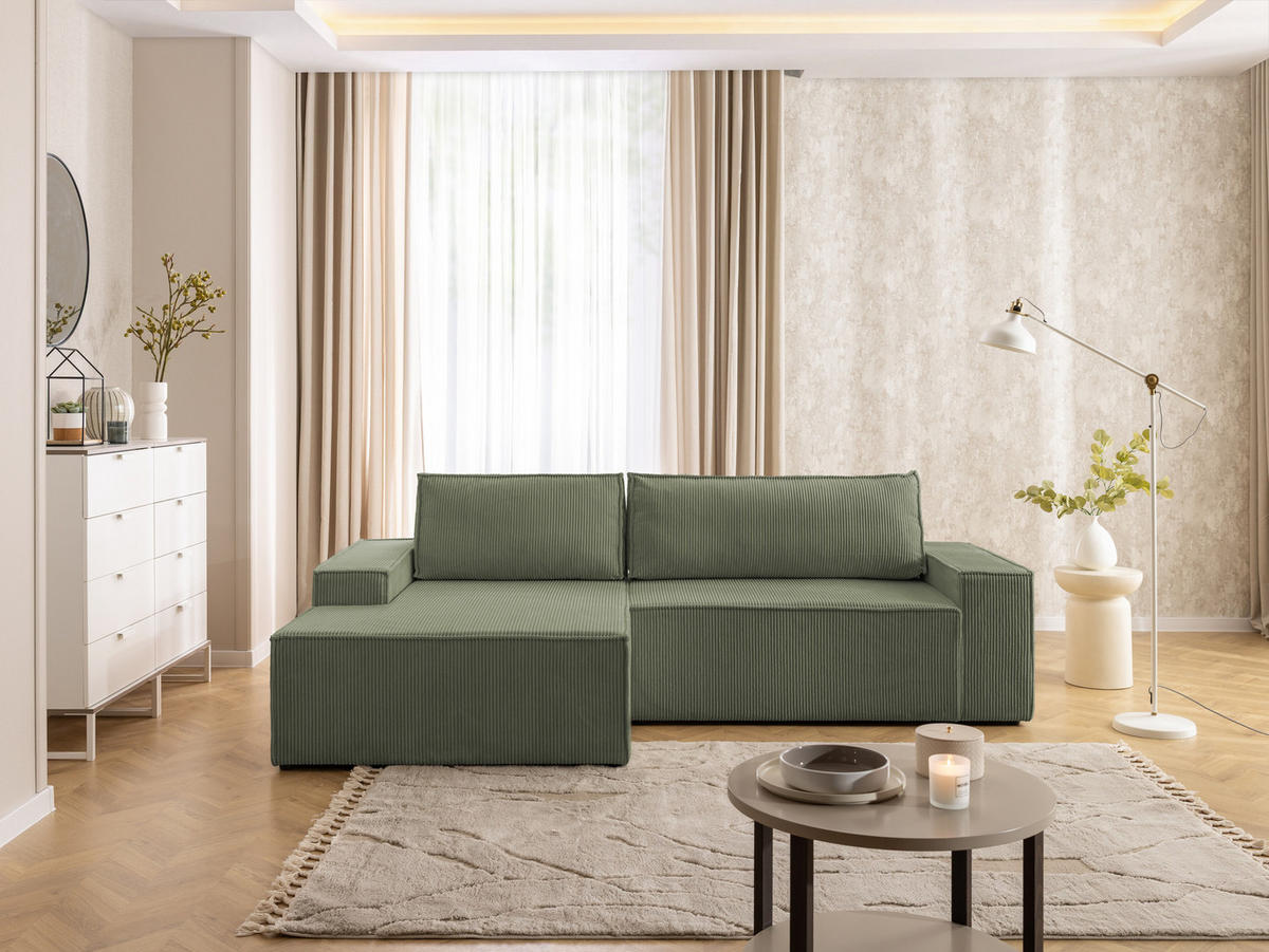 ECKSOFA Rivio mit Schlaffunktion und Bettkasten, Cordstoff Grün - Schwarz/Grün, Holz/Kunststoff (149/262cm) - S-Style