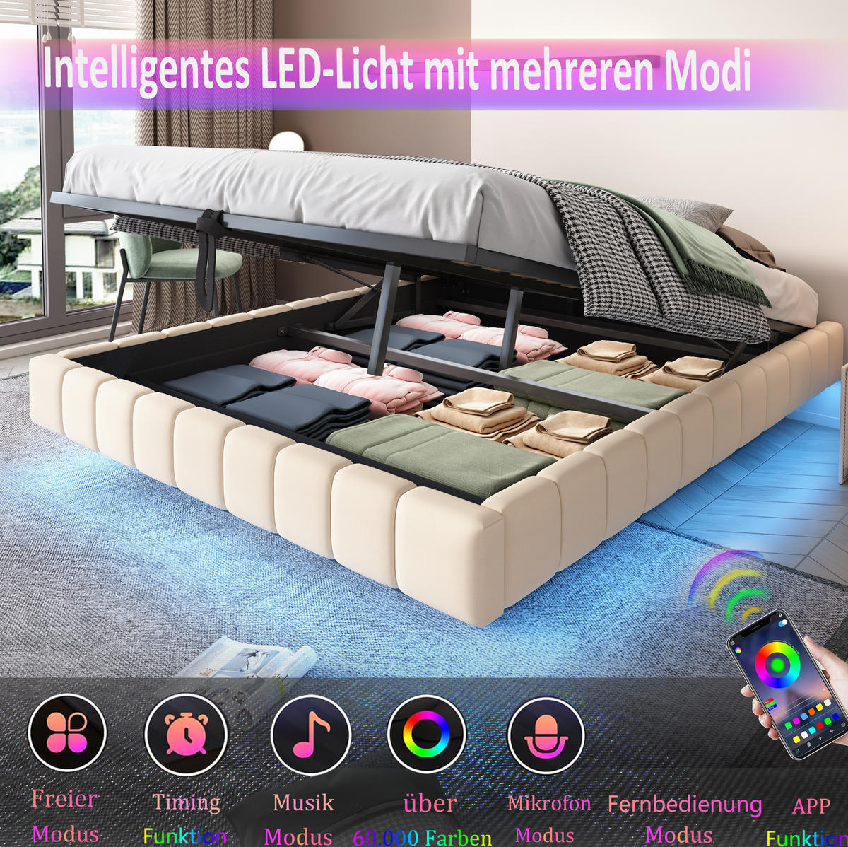 POLSTERBETT 180/200 cm Beige aus Stoff mit LED und Stauraum - Beige, Textil (180/200cm) - OKMYHOME