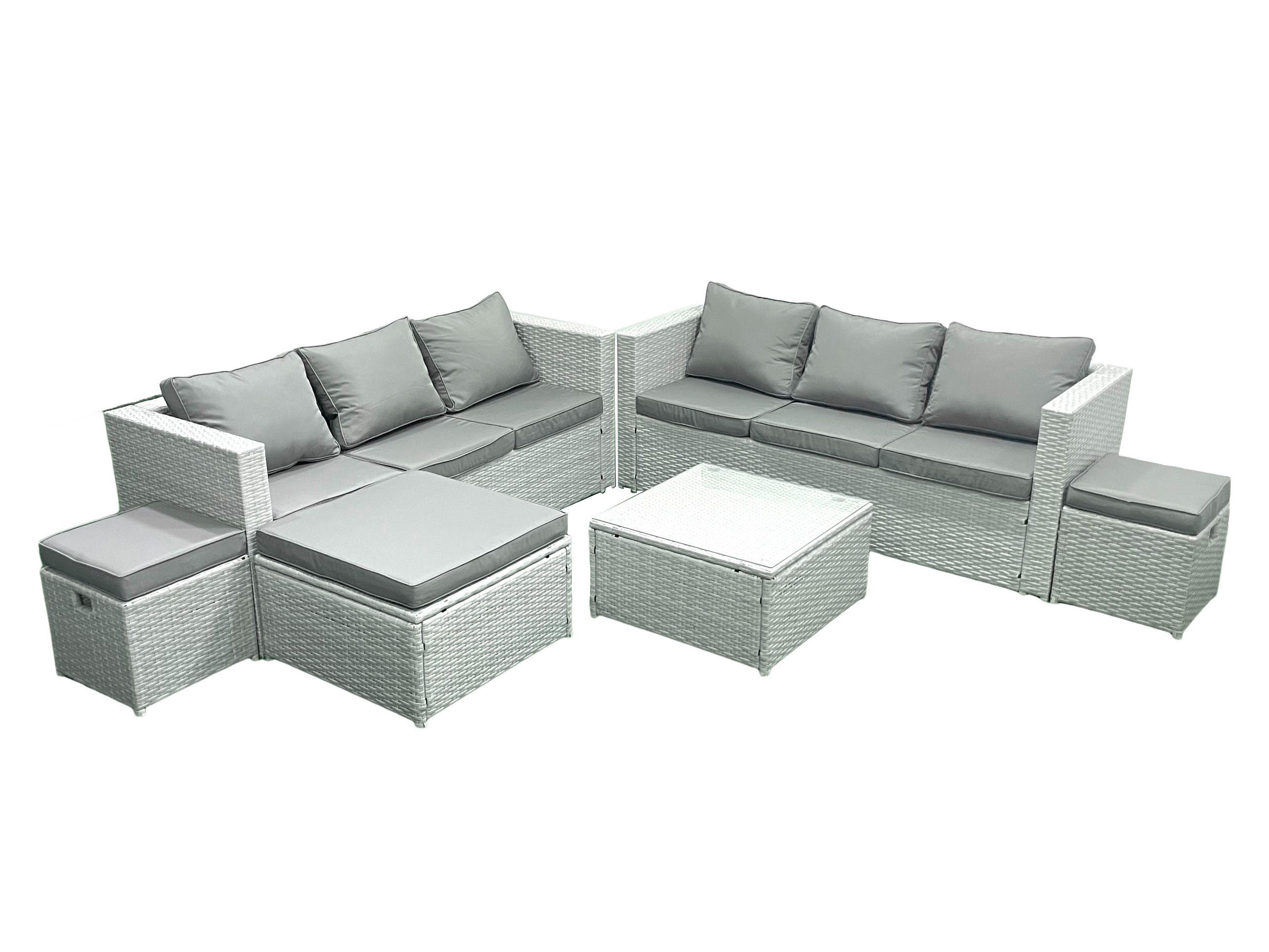 GARTENMÖBEL-SET mit Kissen Polyrattan Hellgrau-Mix 9-Sitzer - Hellgrau/Grau, Glas/Kunststoff - Fimous
