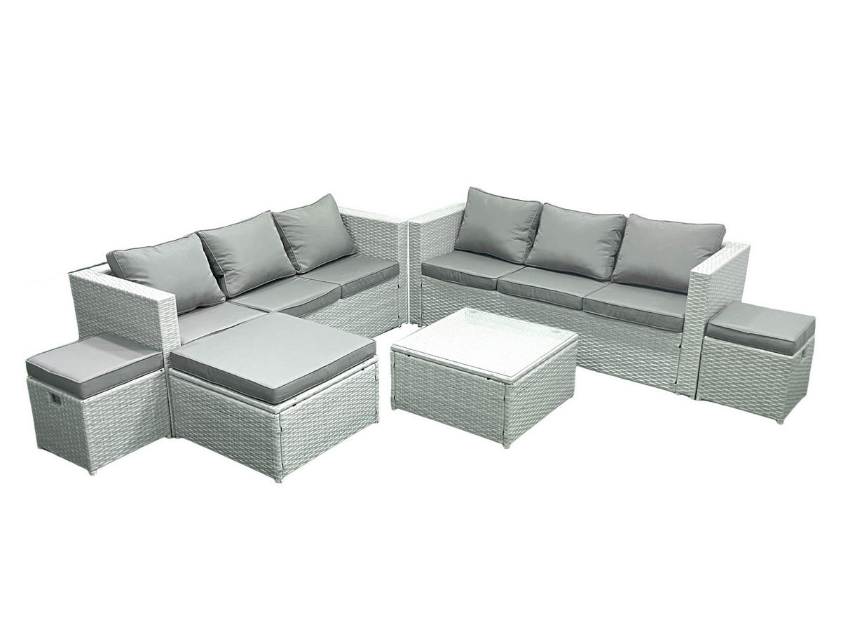 GARTENMÖBEL-SET mit Kissen Polyrattan Hellgrau-Mix 9-Sitzer - Hellgrau/Grau, Glas/Kunststoff - Fimous