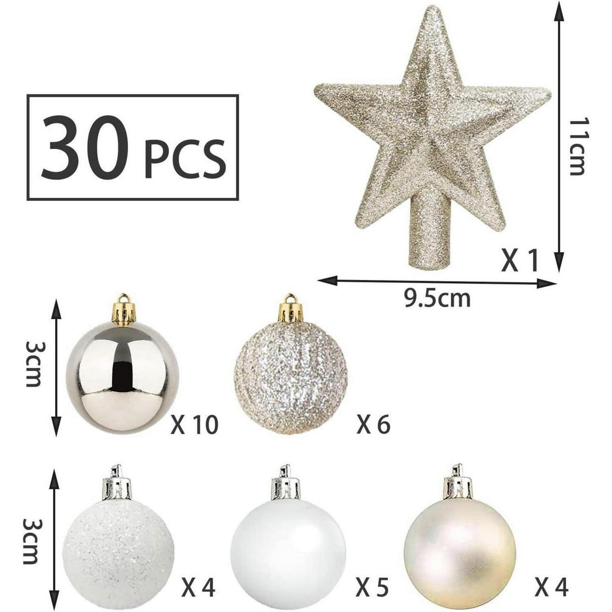 WEIHNACHTSKUGELN 30-teiliges Set 3 cm Gold & Weiß - Multicolor, Kunststoff (11/3/95cm)