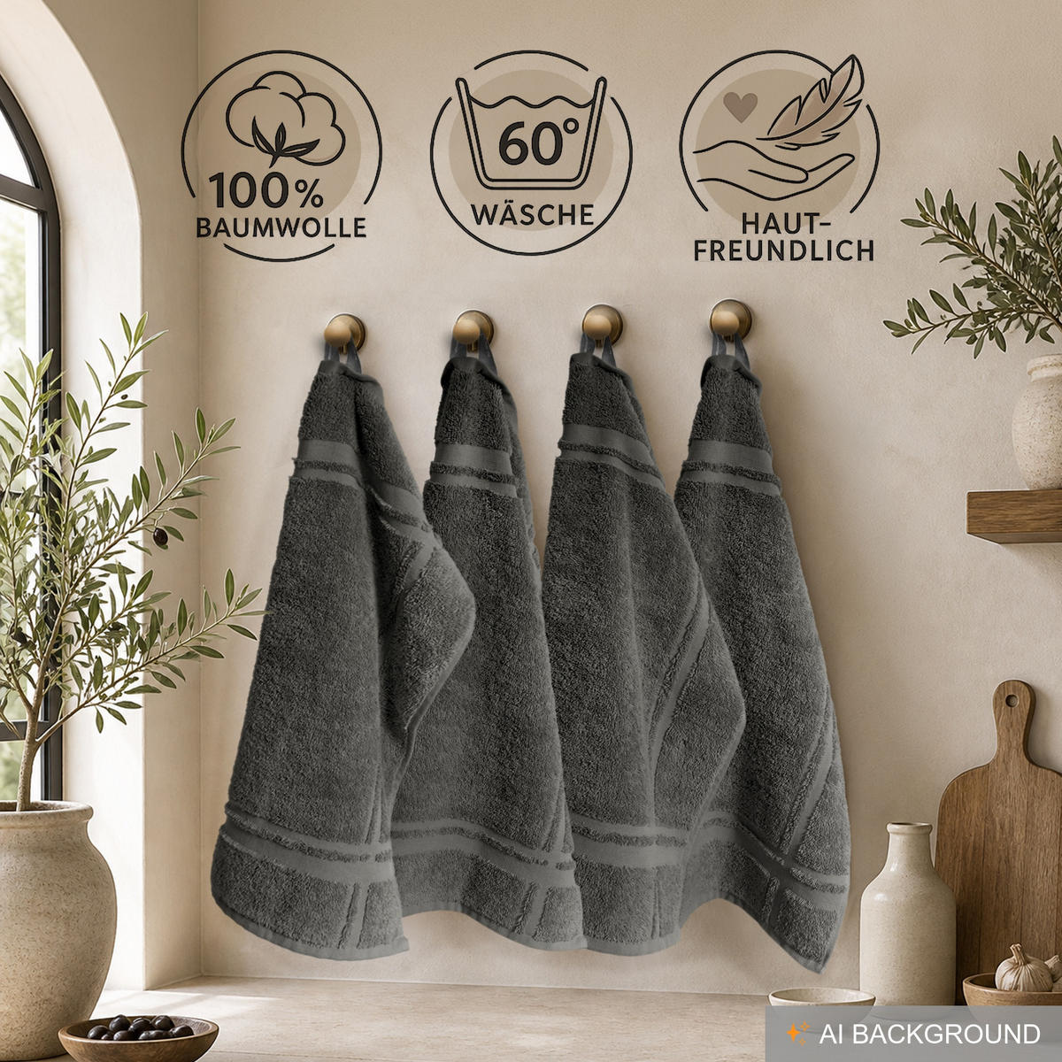 FROTTEE Küchenhandtücher 50x50 cm, 4er Set, Anthrazit Grau - Anthrazit, Textil (50/50cm) - Lashuma