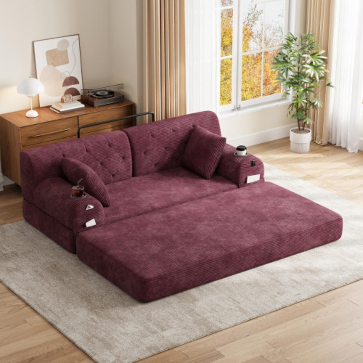 SCHLAFSOFA mit Metallrahmen weinrot 168×80×81 cm aus Cordstoff - Weinrot, Textil (80/81/168cm) - Luhomfu