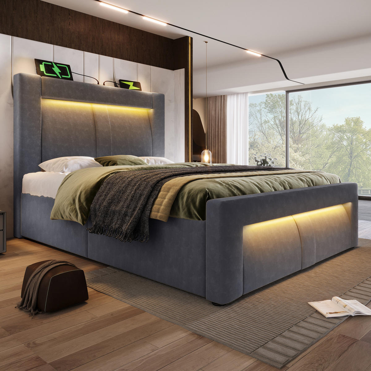 POLSTERBETT 90/200 cm aus Samt mit LED, USB- und Type-C-Anschluss, hydraulischem Stauraum und Matratze, Grau - Grau, Textil (90/200cm) - Redom