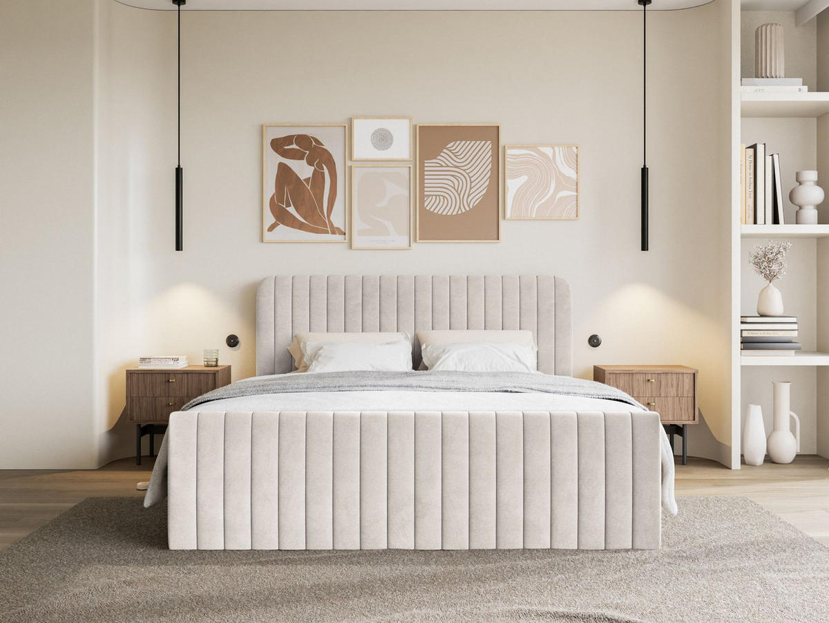 BOXBETT Saliano mit Topper und Samtbezug Beige, 140x200 cm - Beige, Kunststoff/Textil (140/200cm) - Selsey