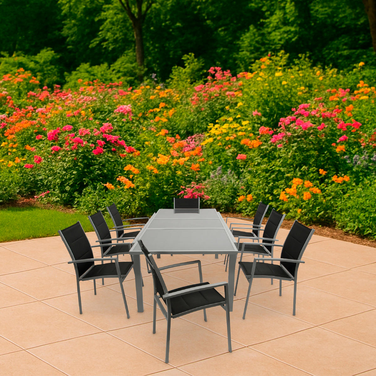 GARTEN-GARNITUR Ashford - 9-teilige Garten-Essgruppe (8x Stapelsessel mit Aluminiumgestell, Bespannung Textillehne schwarz, Ausziehtisch - Schwarz, Metall - TPFGarden