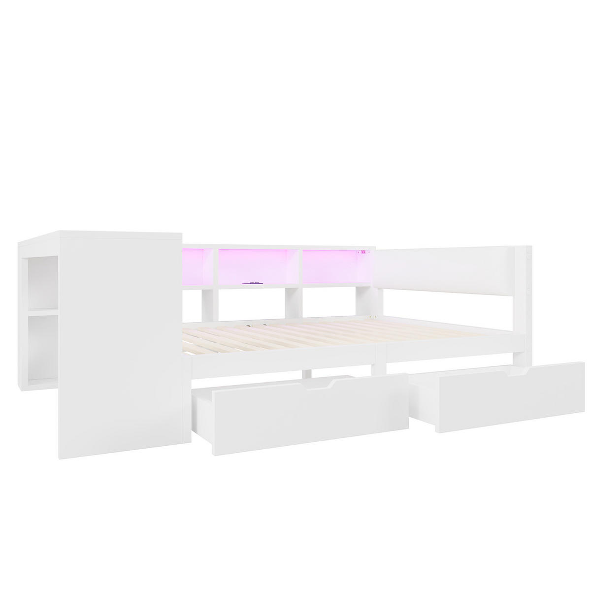BETT 140/200 cm in Weiß mit gepolstertem Kopfteil, Schubladen und LED - Weiß, Holzwerkstoff (140/200cm) - BEAOK
