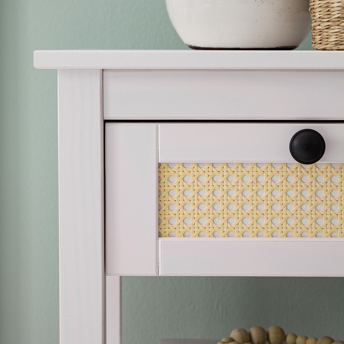 NACHTTISCH - Kiefer massiv / Wiener Geflecht - Weiß, Holz (48/60/35cm) - home24