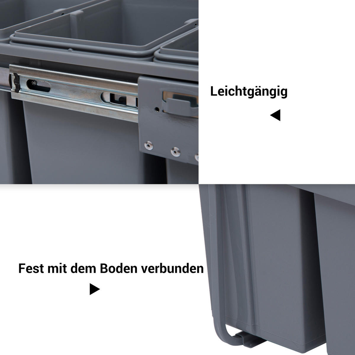 MÜLLEIMER DE-08953 3 Fächer (10+10+20 L), ausziehbar, Soft-Close Grau - Grau, Kunststoff (34.2/41.8/48cm) - ComfortXL
