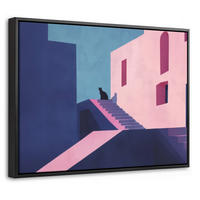 LEINWAND Bilder mit Rahmen - Katze - Treppe - Gebäude - Schattenkontraste - 40x30 - Dunkelblau, Textil (40/30cm) - MuchoWow