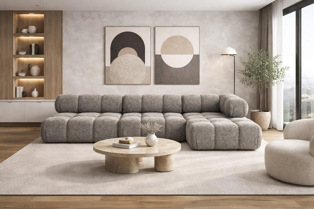 ECKSOFA L-Form Modulare, Bouclé-Stoff Abriamo, Braun, Rechts, Selia - Braun, Holz (285/160cm) - Kaiser Möbel