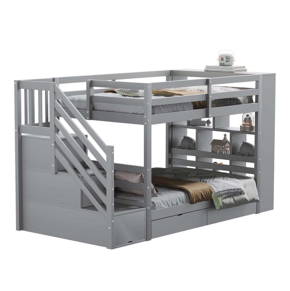 ETAGENBETT 90/200 cm Grau mit Stauraum und Sicherheitstreppe - Grau, Holz (90/200cm) - Flora Grace