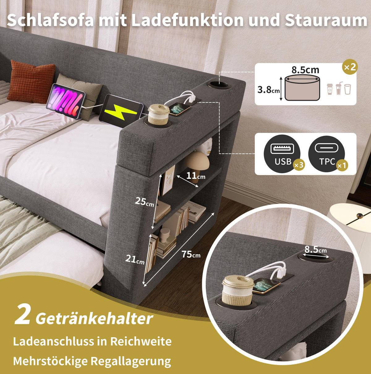 POLSTERBETT 90/200 cm mit Ausziehbett, USB- und Type-C-Anschluss, Getränkehaltern und Ablagen, Baumwoll-Leinen-Bezug, Grau - Grau, Textil (90/200cm) - Redom