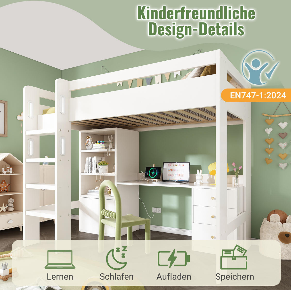 HOCHBETT 90/200 cm mit Schreibtisch, USB-/Type-C-Anschluss, Kleiderschrank und Stauraum, Weiß - Weiß, Holzwerkstoff (90/200cm) - Redom