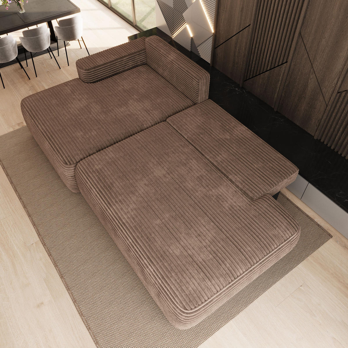 ECKSOFA AVINI T L-S Beige Kordstoff mit Schlaffunktion - Beige, Holzwerkstoff/Textil (277/160cm) - MASSENO