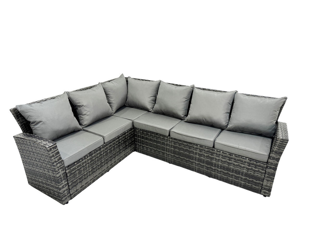 GARTEN-ECKSOFAGARNITUR mit höhenverstellbarer Tisch Polyrattan 9-Sitzer - Dunkelgrau/Grau, Glas/Kunststoff - Fimous