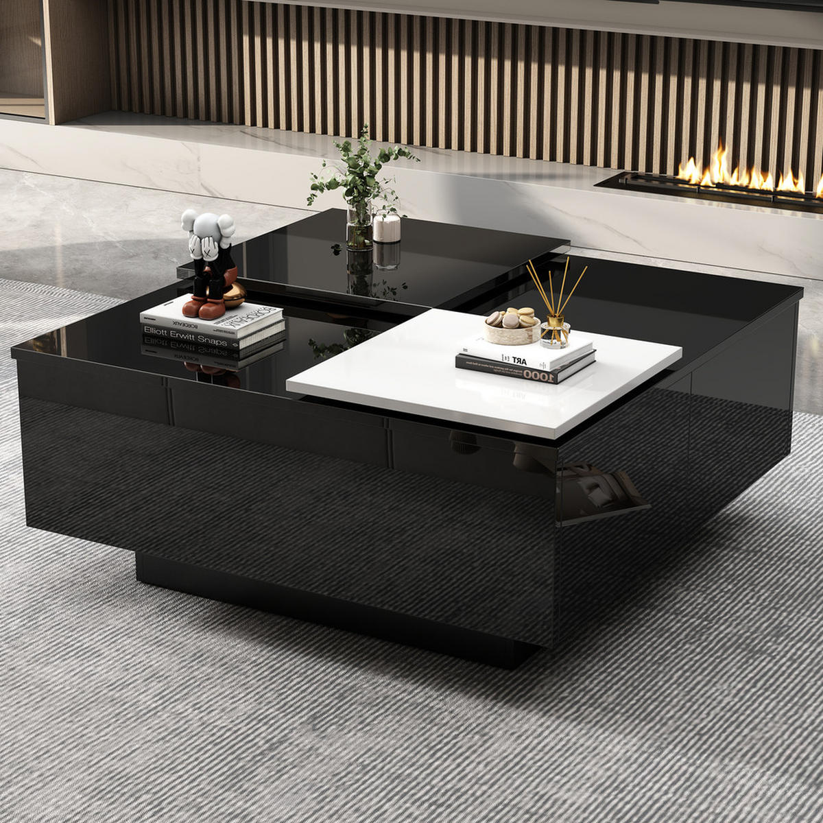 COUCHTISCH 75x75cm Schwarz Hochglanz Quadratisch Weiß Einschiebeplatte 30kg - Weiß, Holz (85.85/85.85/13.97cm) - FLIEKS