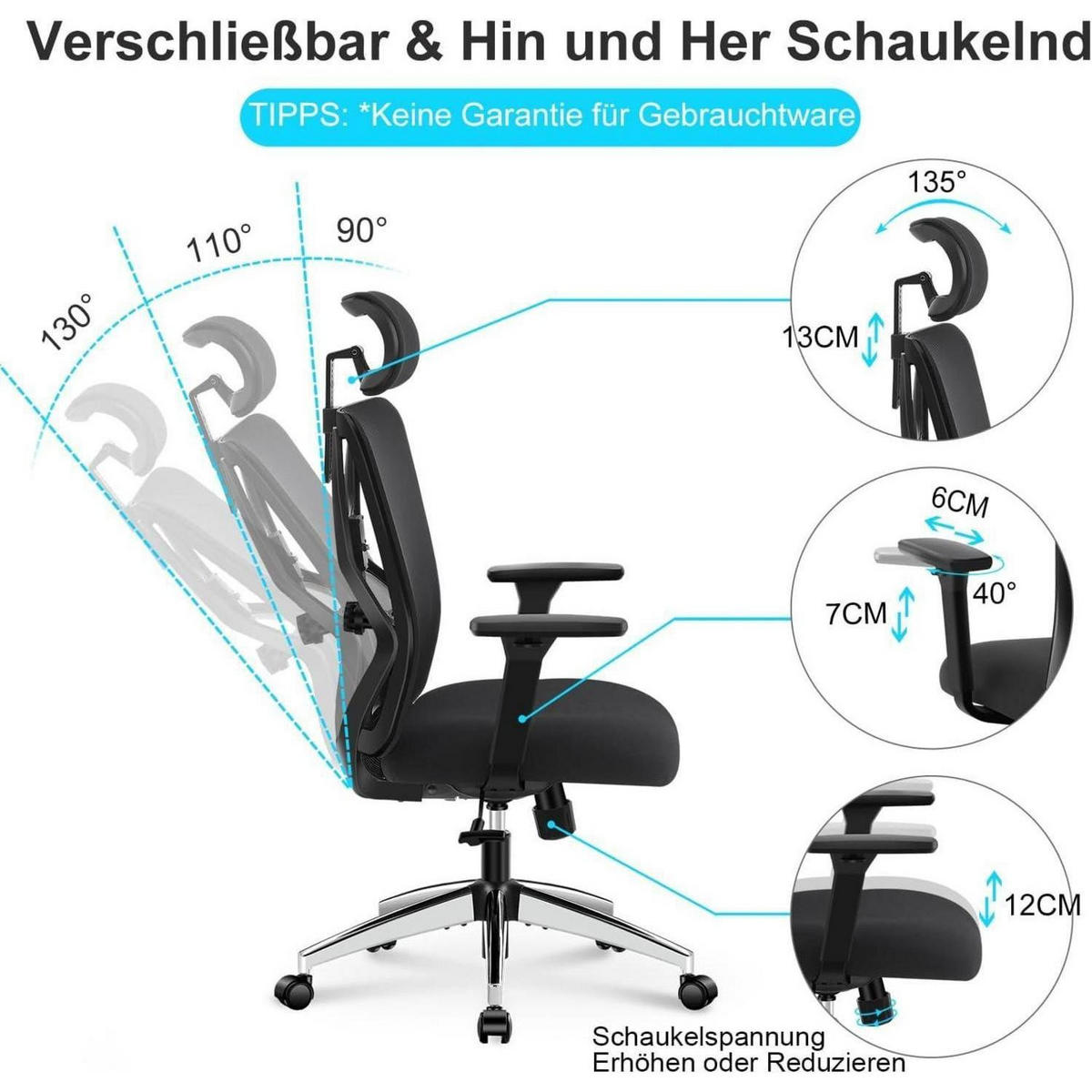 BÜROSTUHL Ergonomisch mit Kopfstütze und 3D-Armlehne Schwarz - Schwarz, Textil (25.4/52.8/68.6cm)