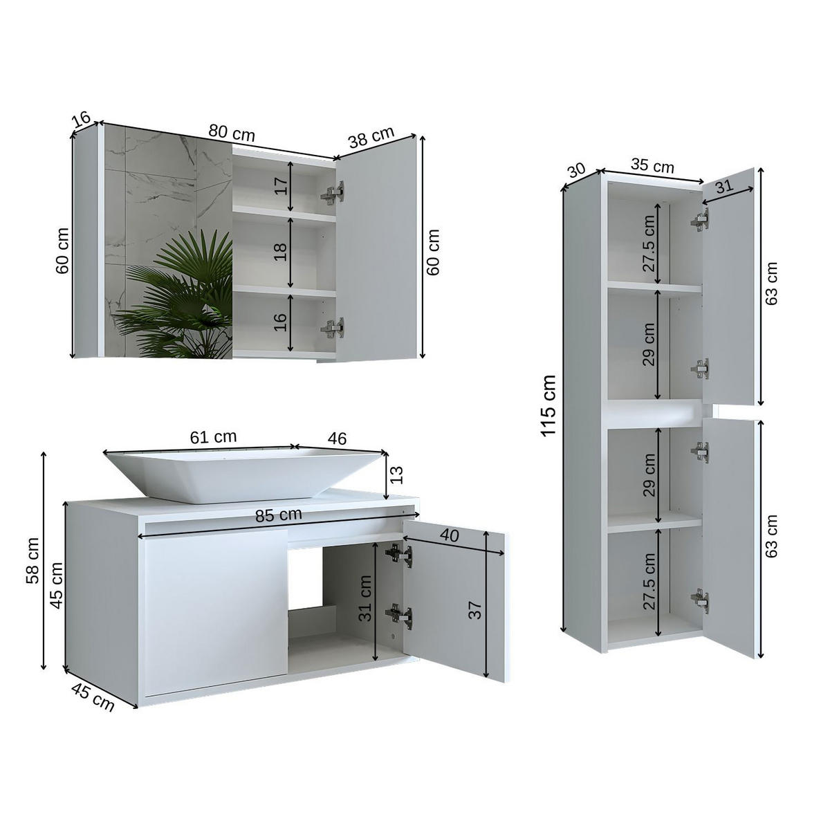 BADMÖBEL Set ATLANTIC-85 4-teilig - Weiß, Holzwerkstoff (85/150/45cm) - Roomart